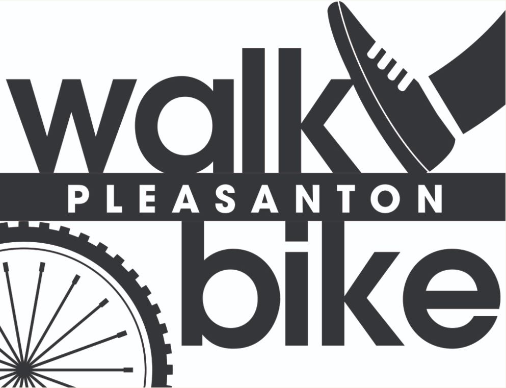 "Walk, Bike, Pleasanton" with part of bicycle tire and walking person's foot shown in black and white